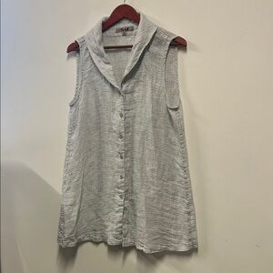 New FLAX Lt. Gray 100% Linen Top Collared Sleeveless A-line Button Up Layering